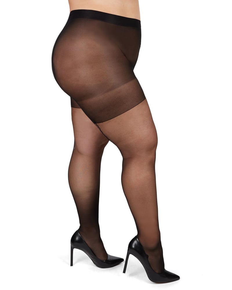 Side of a model wearing a size 5X-6X Back Seam/Cuban Heel Plus Size Curvy Control Top Pantyhose in Black-Black by Memoi. | dia_product_style_image_id:299825